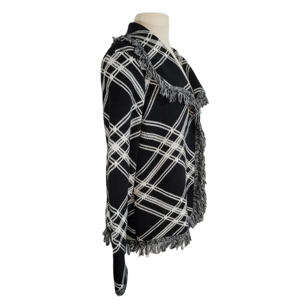 Chico's Black & White Diamond Plaid Fringe Sweater Jacket